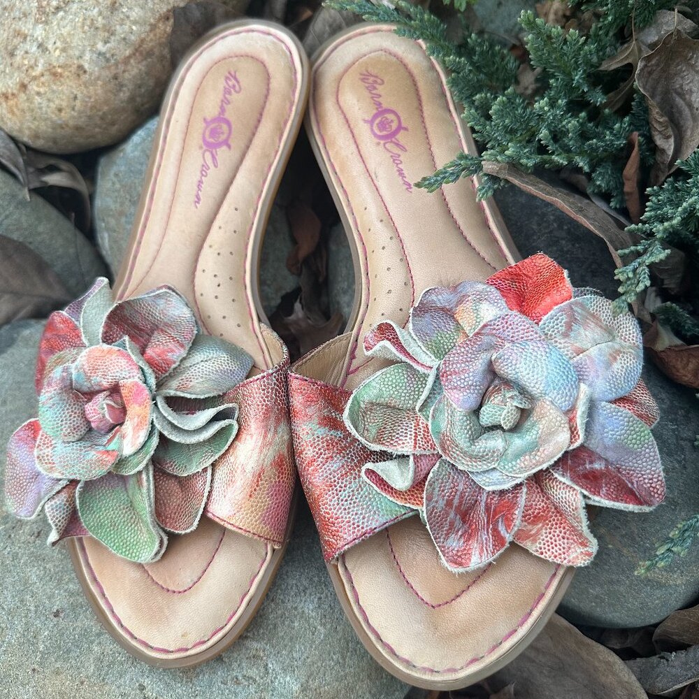 Born Crown Leather Flower Sandals | Boho Artisan Comfort Slide Sandals Size 8